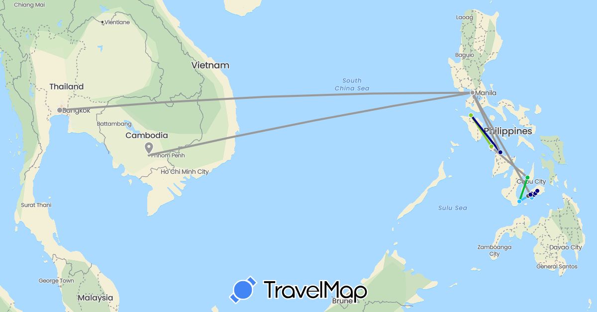 TravelMap itinerary: driving, bus, plane, hiking, boat, motorbike, electric vehicle in Cambodia, Philippines, Thailand (Asia)