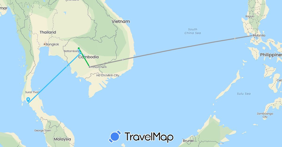 TravelMap itinerary: driving, bus, plane, boat in Cambodia, Philippines, Thailand (Asia)