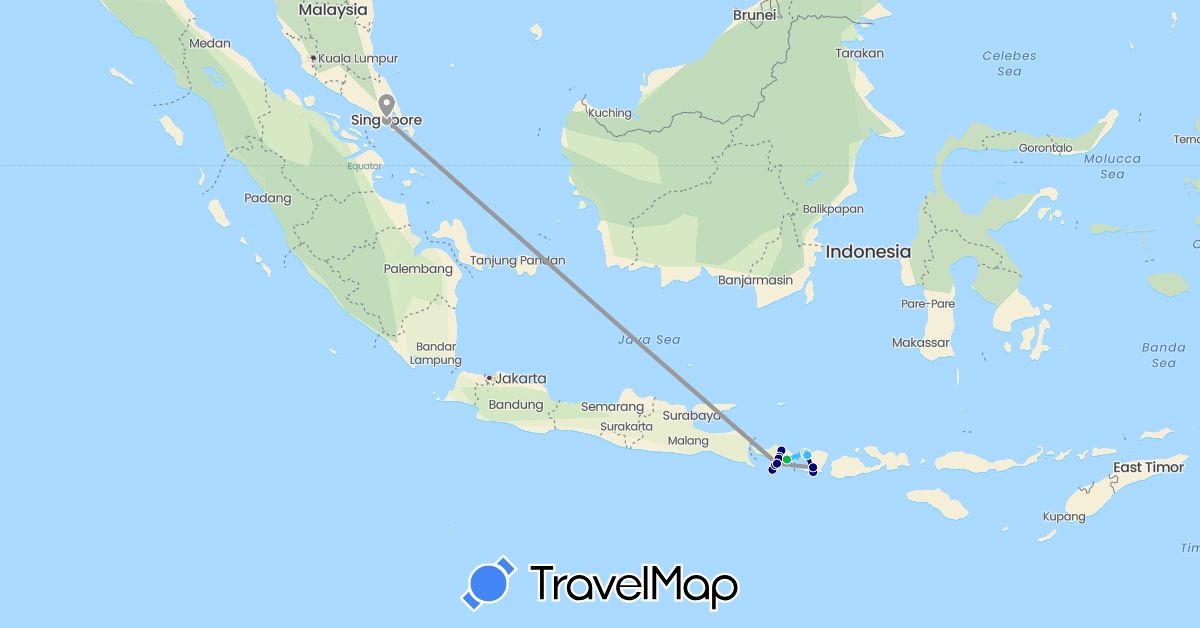 TravelMap itinerary: driving, bus, plane, boat in Indonesia, Singapore (Asia)